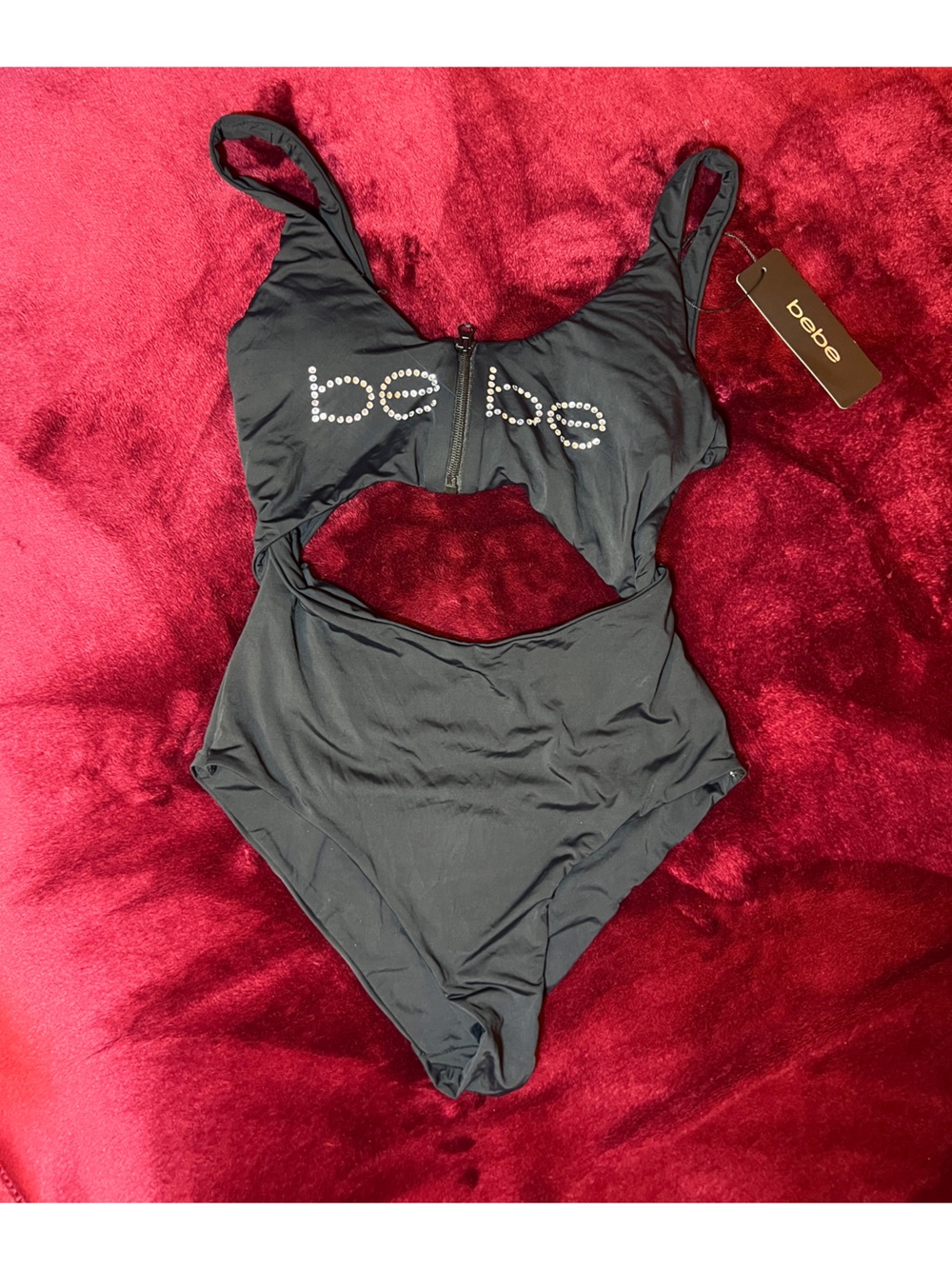 Bebe Rhinestone Logo Cut-Out Monokini One-Piece Swimsuit